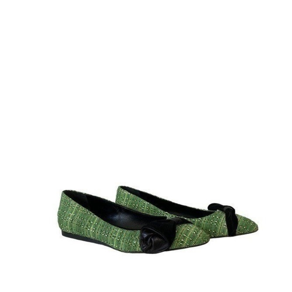 Tibi New York Holiday Preppy Casual Chic Tweed Almond Toe Velvet Bow Flats Green